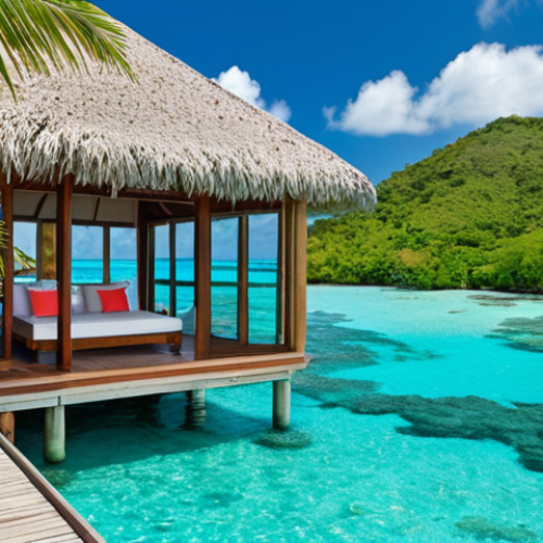 **Image Prompt:** Luxurious overwater bungalow in Antigua, crystal clear turquoise water, vibrant coral reef visible underneath, private plunge pool, lush tropical vegetation, sunny day, serene atmosphere.