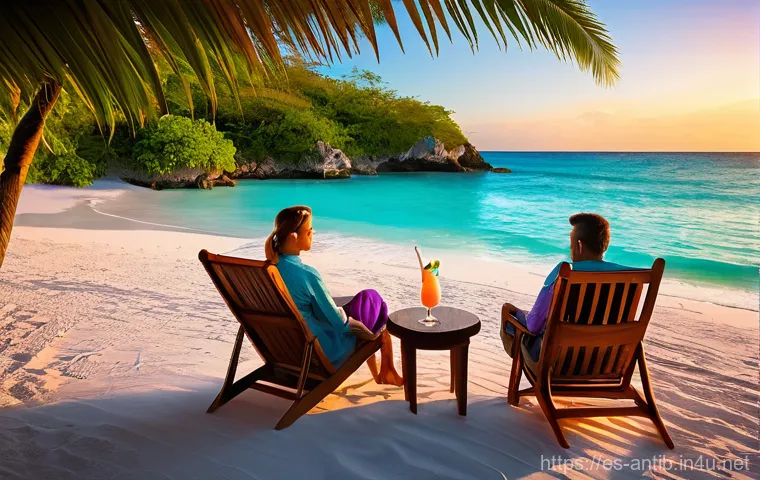 앤티가 바부다 클럽 및 바 추천 - Image Prompt 1: Tranquil Caribbean Sunset at a Beach Bar**