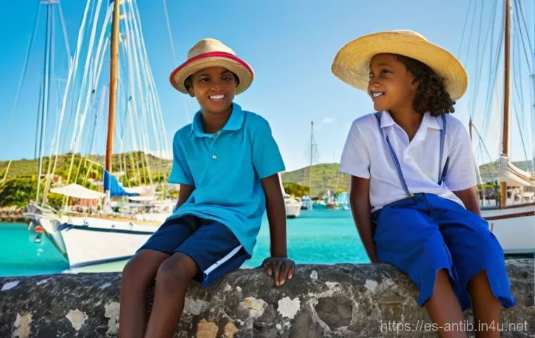 앤티가 바부다 가족 여행 추천 - **Prompt:** A joyful family of four (parents, a girl aged 8, and a boy aged 5) playing on a pristine...