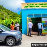앤티가 바부다 렌터카 이용 방법 - A vibrant scene of a diverse group of tourists at a local car rental agency in Antigua and Barbuda, ...