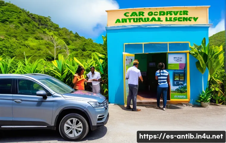 앤티가 바부다 렌터카 이용 방법 - A vibrant scene of a diverse group of tourists at a local car rental agency in Antigua and Barbuda, ...