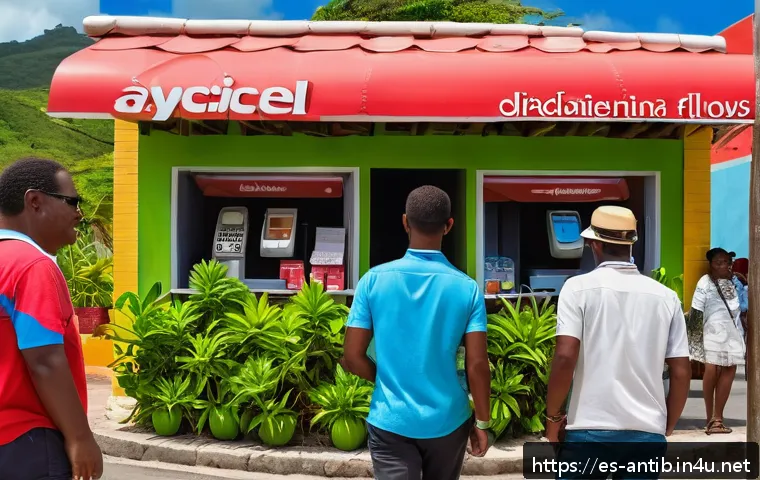 앤티가 바부다 현지 SIM 카드 구매 - A vibrant street scene in Antigua and Barbuda showing a small kiosk at the V.C. Bird International A...