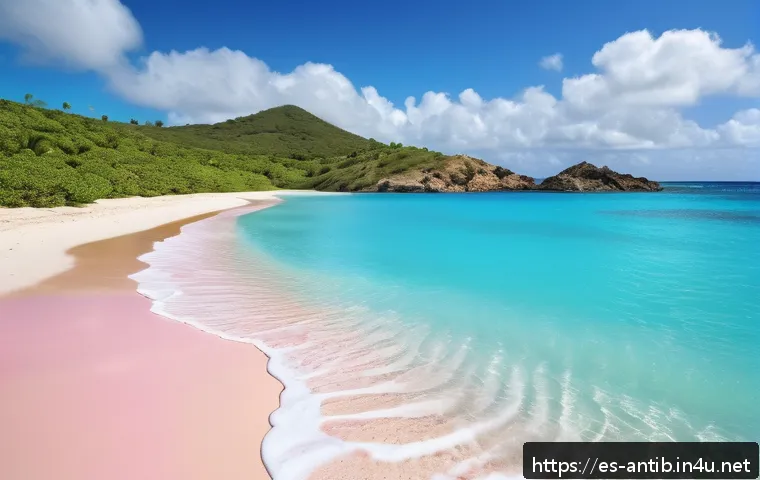 앤티가 바부다 카리브 해 섬 비교 - A serene, nearly deserted beach scene at Half Moon Bay, Antigua, showcasing pristine pink sand and c...