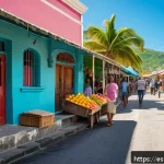 앤티가 바부다 여행 안전 정보 - A vibrant daytime street scene in St. John&rsquo;s, Antigua, showing diverse tourists cautiously exploring...