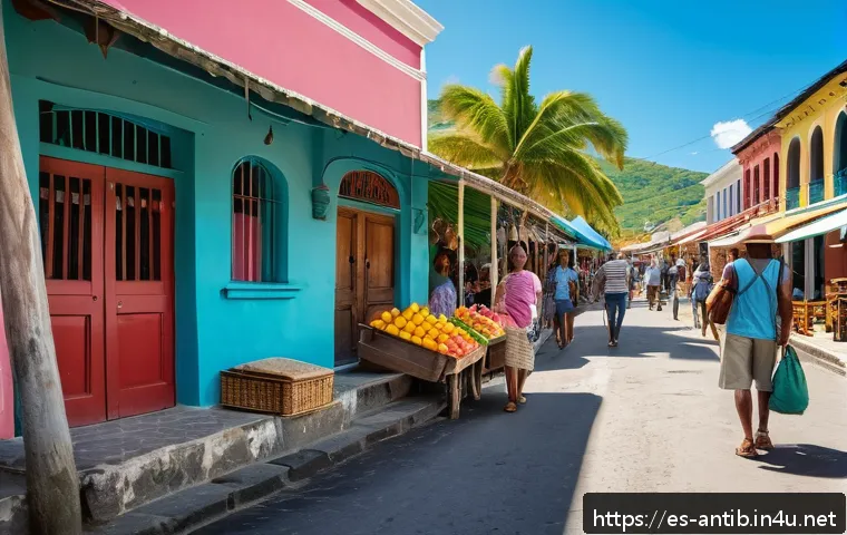 앤티가 바부다 여행 안전 정보 - A vibrant daytime street scene in St. John&rsquo;s, Antigua, showing diverse tourists cautiously exploring...