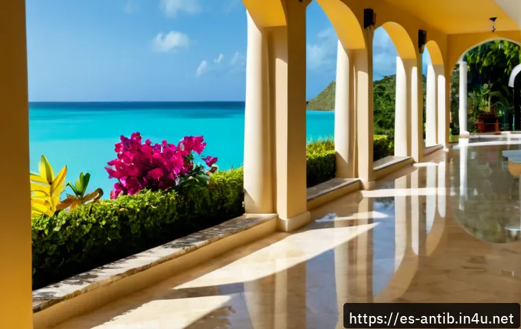 앤티가 바부다 5성급 호텔 추천 - Photorealistic luxury five-star Caribbean resort in Antigua, elegant open-air lobby overlooking a tu...
