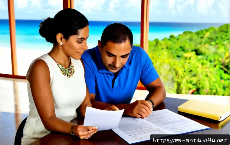 앤티가 바부다 시민권 취득 방법 - Photorealistic scene of a well-dressed Spanish-speaking Latin American couple meeting a Caribbean le...