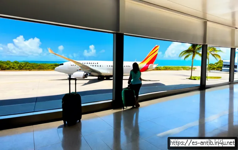 앤티가 바부다 항공편 - Photorealistic wide-angle view of a modern Caribbean airport departure lounge in Antigua and Barbuda...