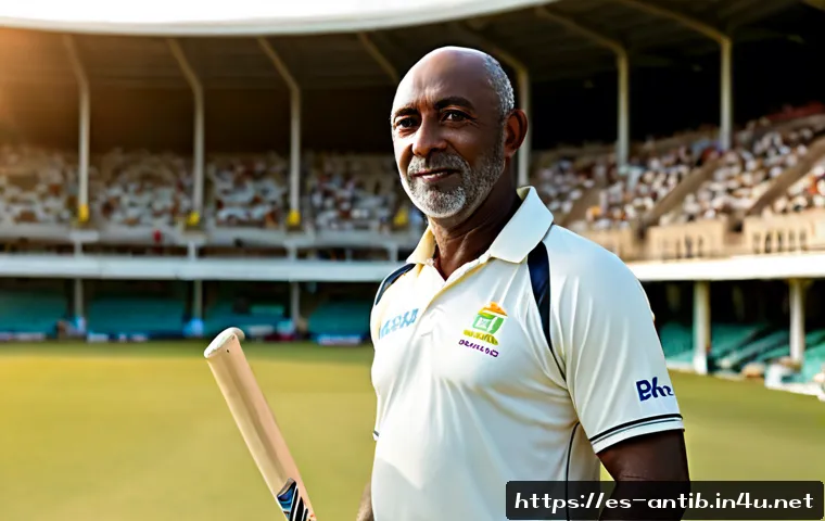 앤티가 바부다 비비안 리처즈 - Photorealistic editorial portrait of legendary Antiguan cricket icon Viv Richards standing confident...